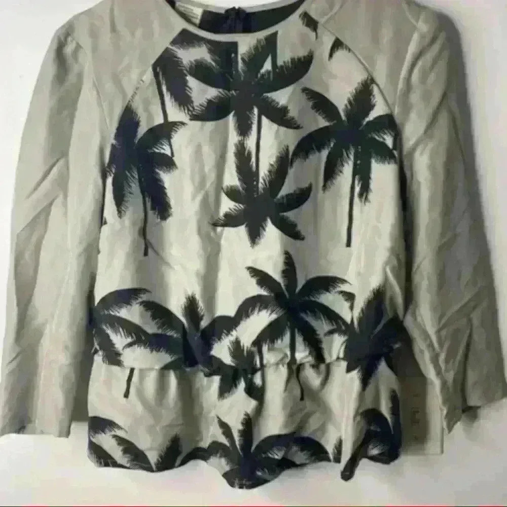 Baum Und Pferdgarten Palm Tree Print 100% Silk Elastic Waist  Blouse Sz 36 NWOT - Picture 2 of 8